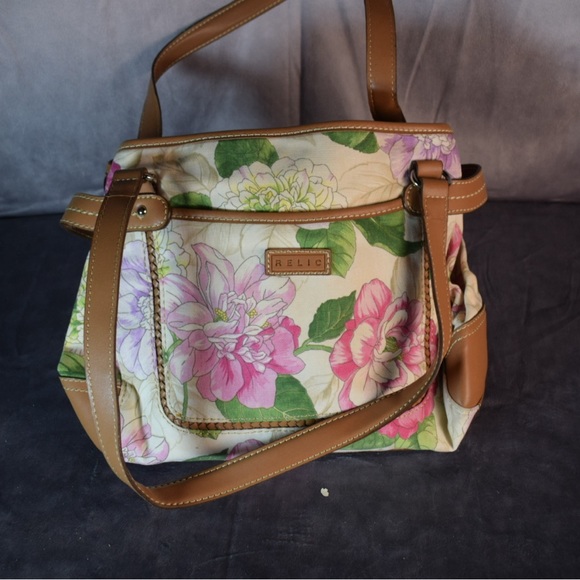 Relic Pink Floral Tan Faux Leather Trim Tote Purse Magnetic Snap Close Preowned - Picture 4 of 5